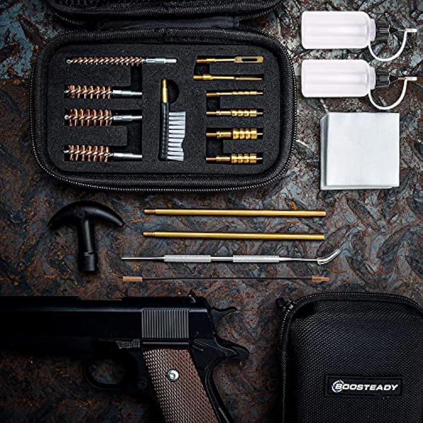 BOOSTEADY Kit de nettoyage universel pour pistolet de poing calibre .22, .357, .38, 9 mm, .45 - Brosse d´alésage en bronze et adaptateur en laiton XWhczpQd